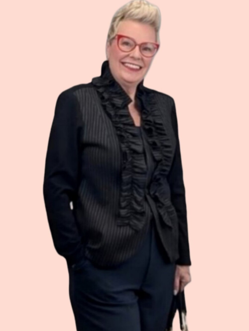 Calessa Black Ruffle Pinstripe Sweater Jacket – Size L
